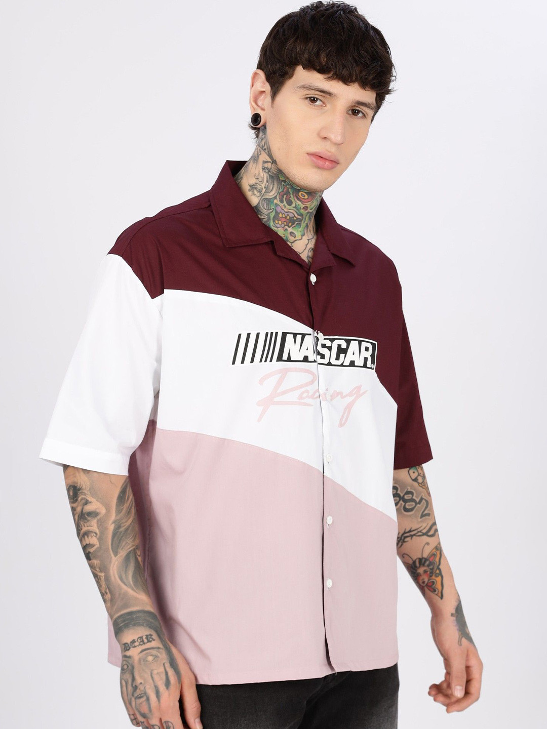 Eszett Nascar Racing Oversized Colorblocked Cuban Collar Cotton Shirt