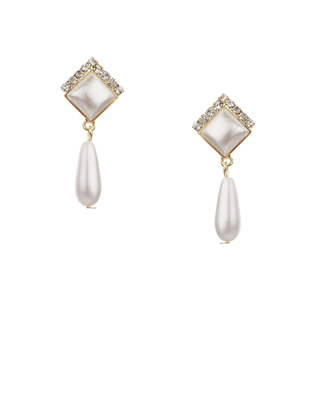 FirstBlush Gold-Plated Stones Studded and Beaded Diamond Shaped Non Pierced Drop Earrings