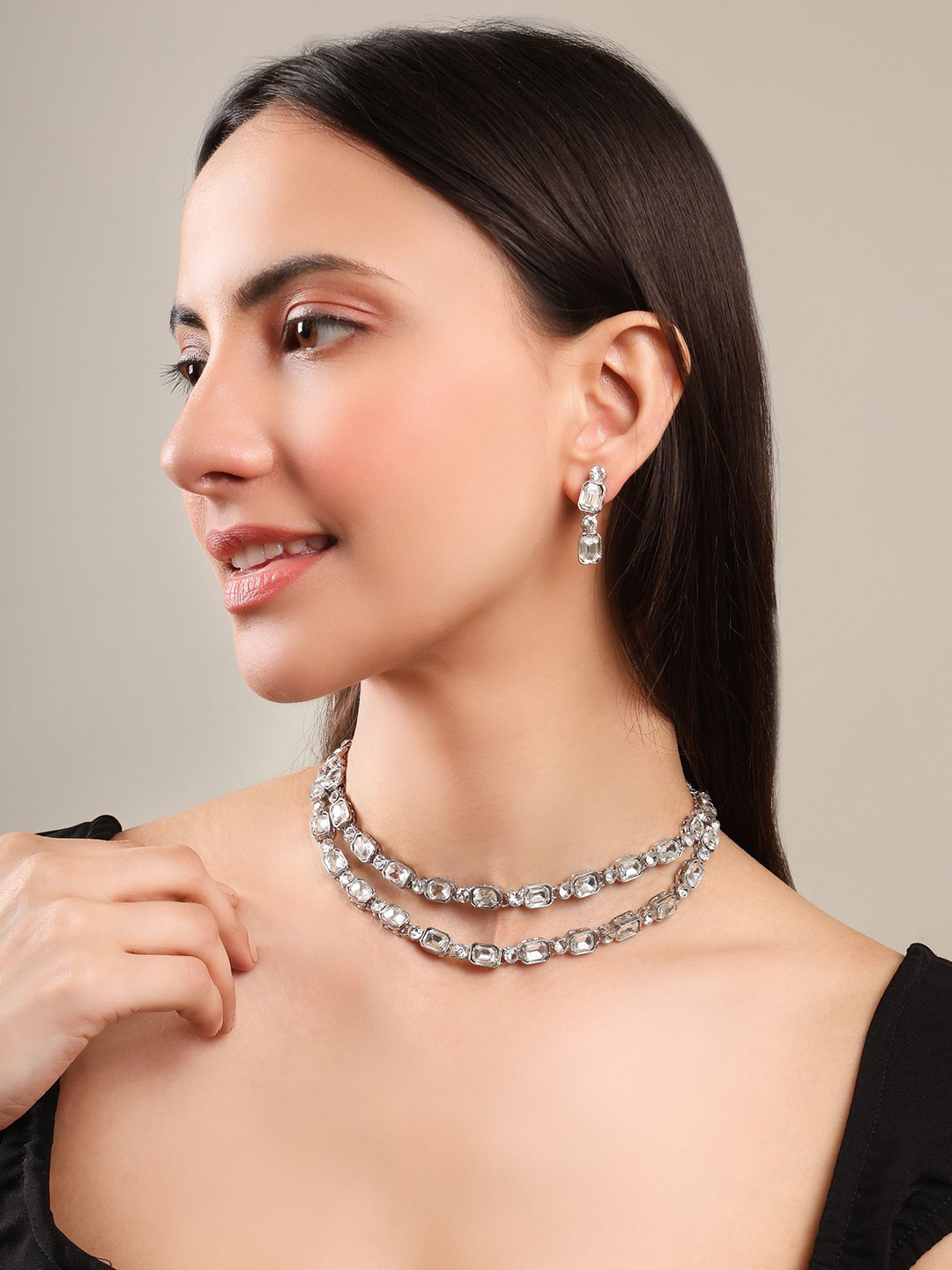 EIT Collection Silver Plated Cubic Zirconia Studded Two Layer Jewellery Set