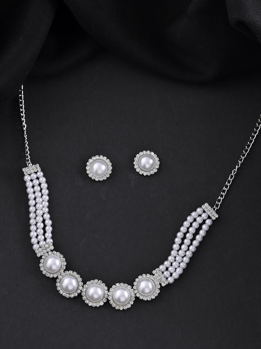Silver Plated White Pearl And CZ Stone Choker Set