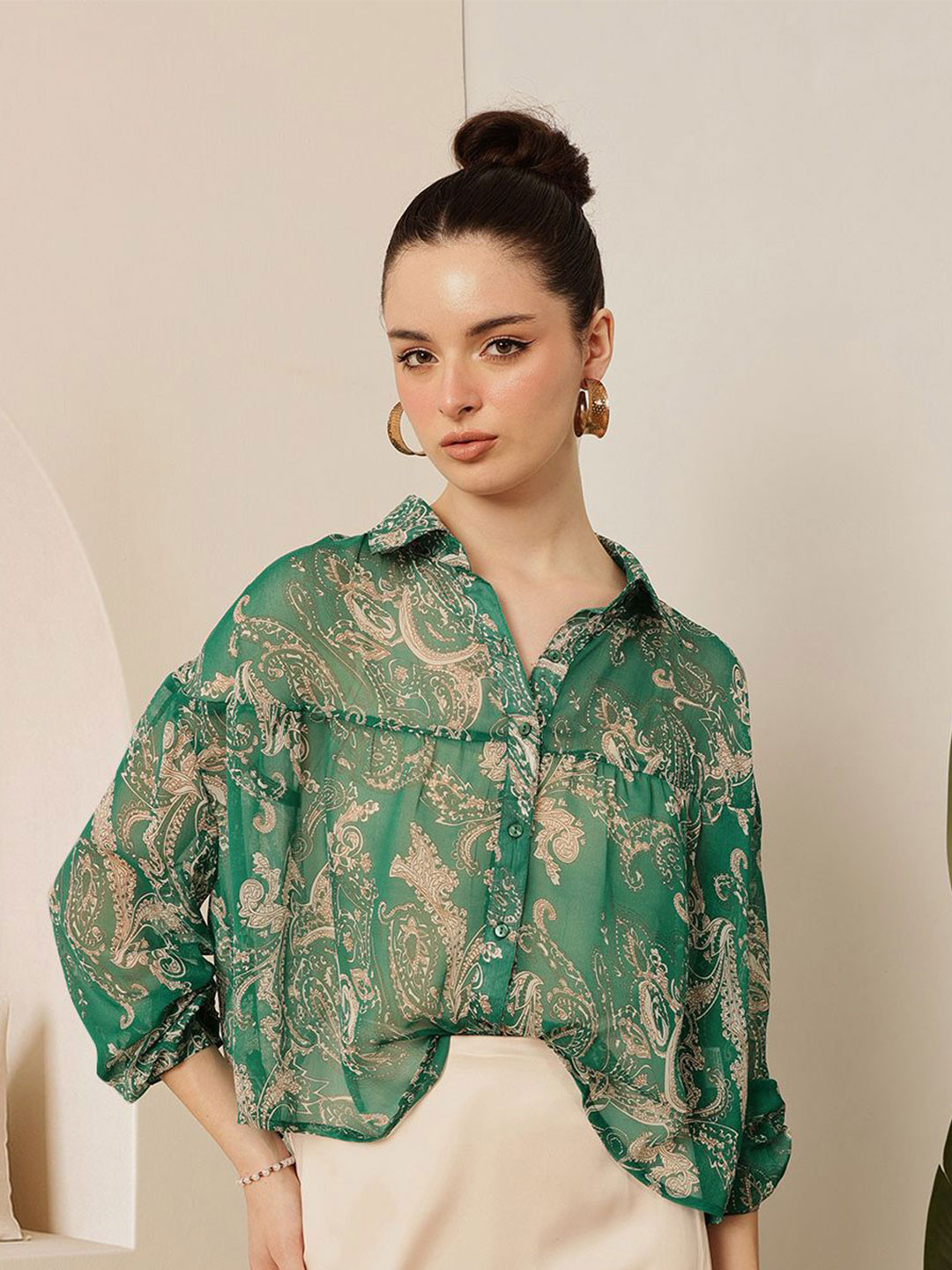 STREET 9 Comfort Ethnic Motifs Printed Sheer Boxy Casual Shirt