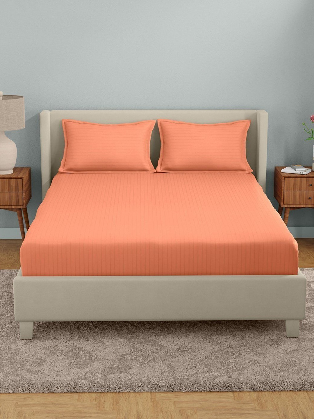 STELLAR HOME Peach-Coloured Striped 210 TC Cotton Fitted King Bedsheet Set 2.54 m x 2.74 m