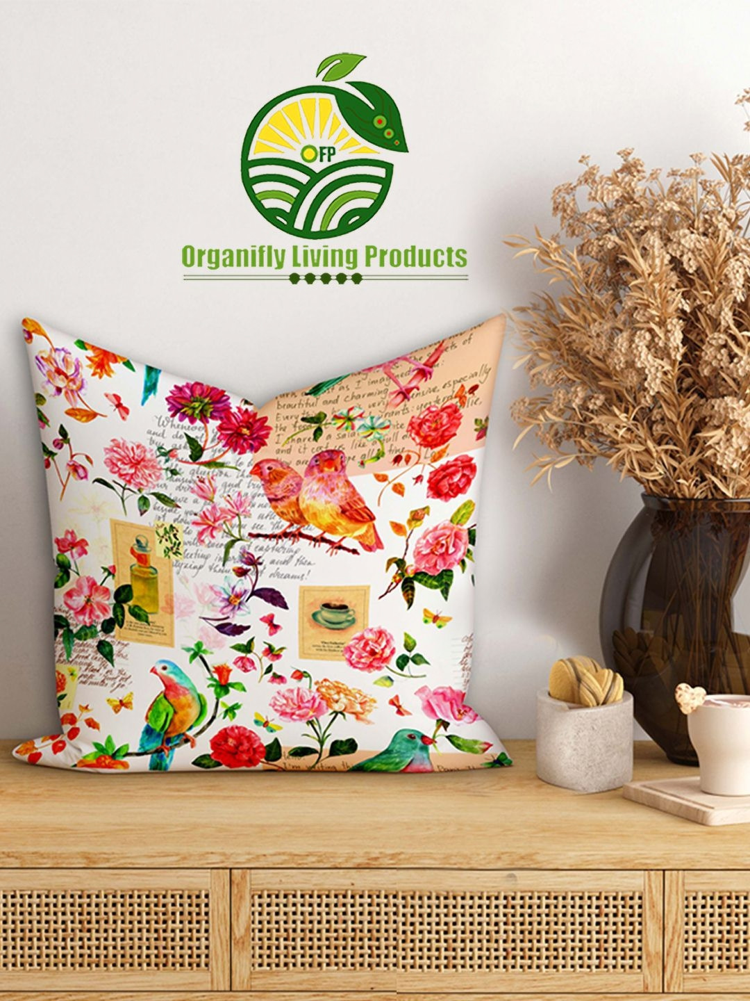 Organifly Living Products White & Red Floral Printed Square Cushion Cover