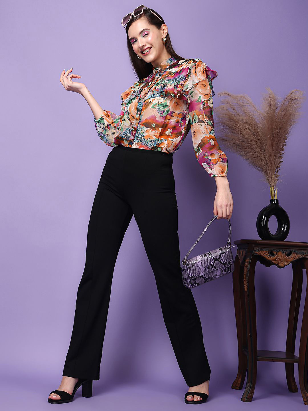 SCORPIUS Classic Floral Printed Band Collar Ruffles Sheer Georgette Casual Shirt