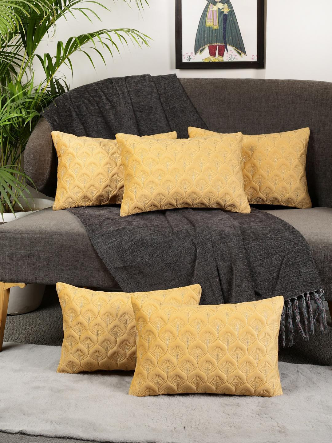 MONKDECOR Feather Design Velvet Washable 5 Pcs Embroidered Cushion Covers -12x18In