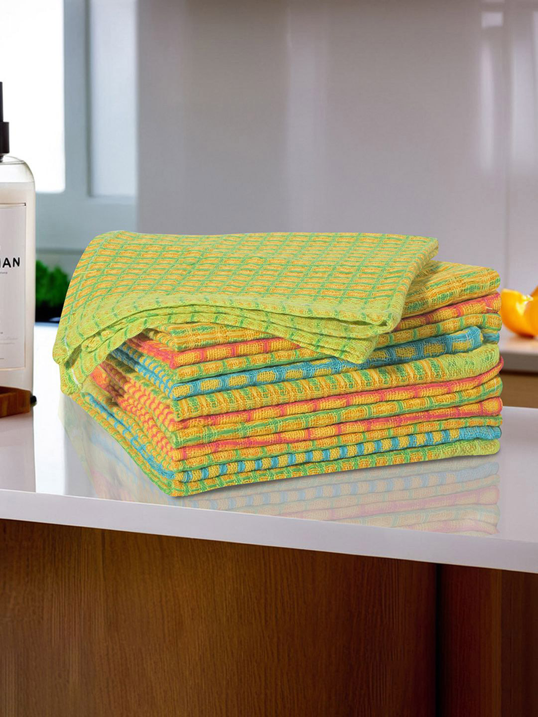 Kuber Industries Set of 12 Green Checked Cotton Cleaning Cloth Kitchen Towels