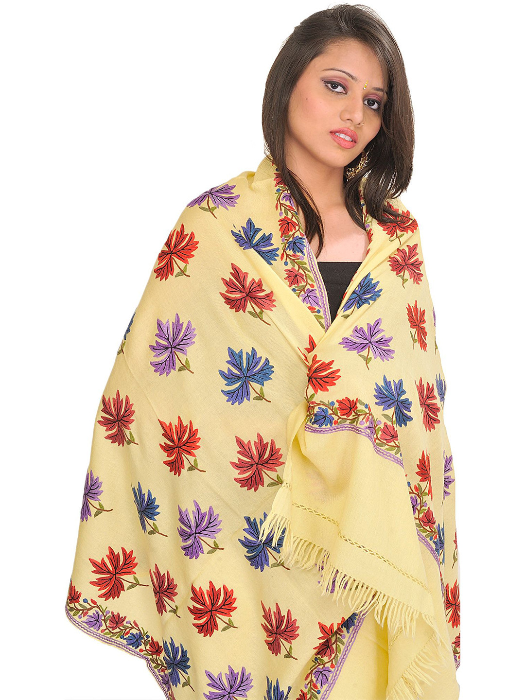 Exotic India Floral Maple Leaves Embroidered Pure Wool Shawl