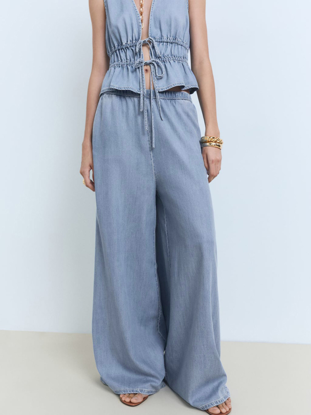 MANGO Women Chambray Palazzo Wide Leg Trousers