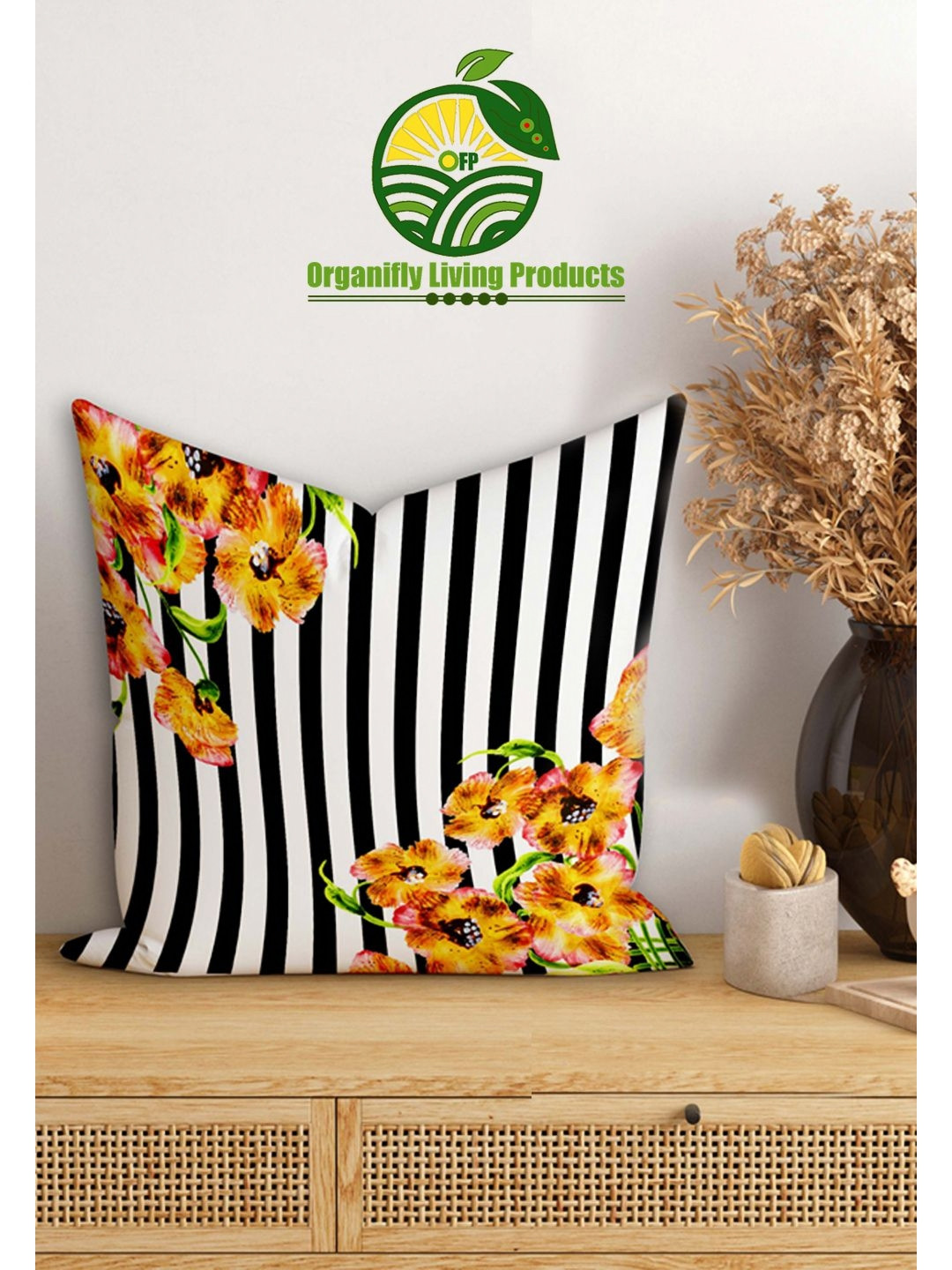 Organifly Living Products Black & White Striped Square Cushion Covers