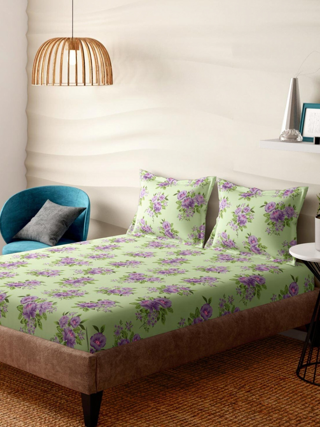 Portico Emerald Green & Purple Printed Cotton 300 TC Super King Bedsheet Set 2.74 x 2.74m