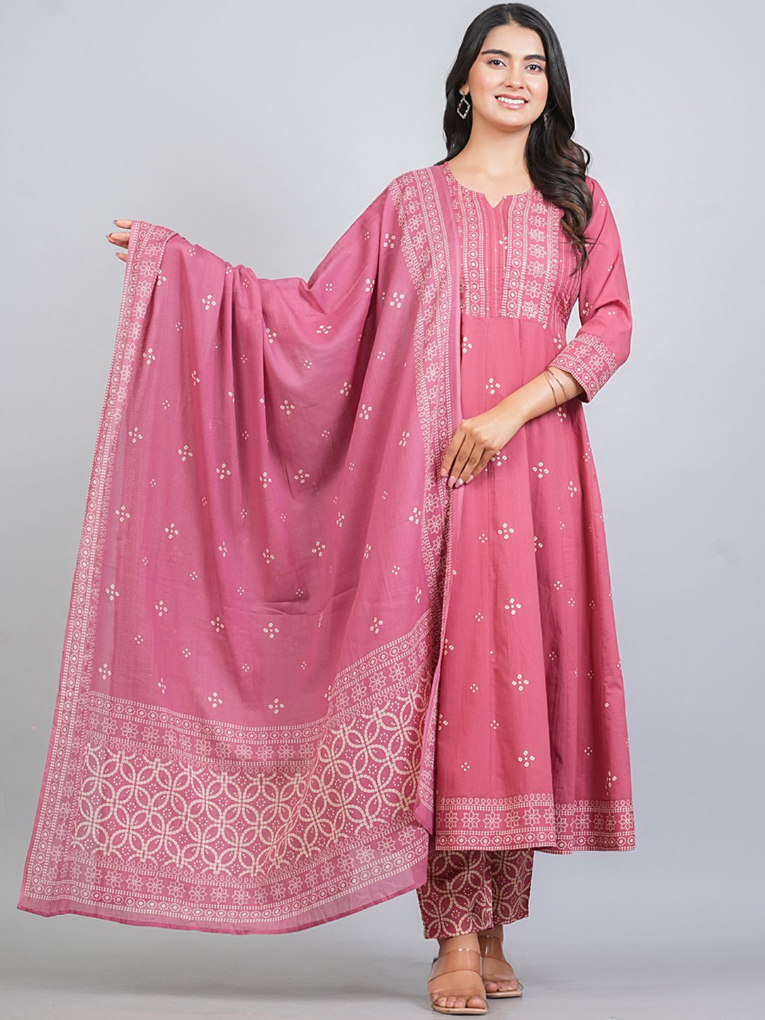 ANNAYEMA APPARELS Floral Printed Notch Neck Pure Cotton Kurta With Trouser & Dupatta