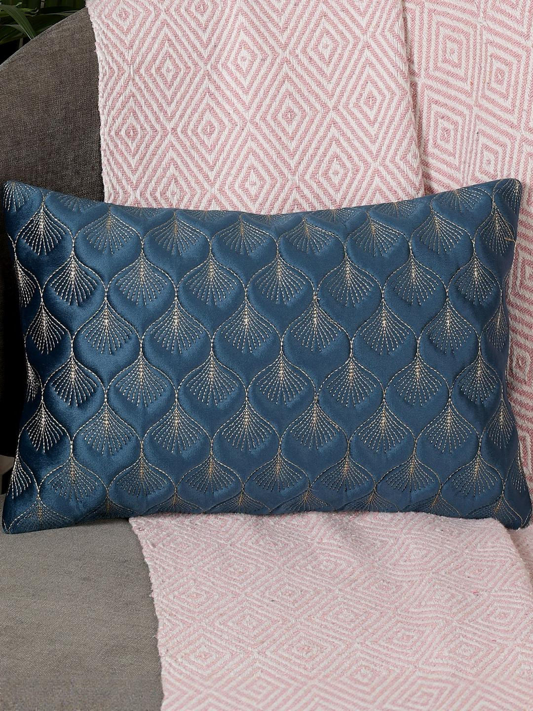 MONKDECOR Feather Floral Velvet Durable Embroidered Rectangle Cushion Covers - 12 x 18 In