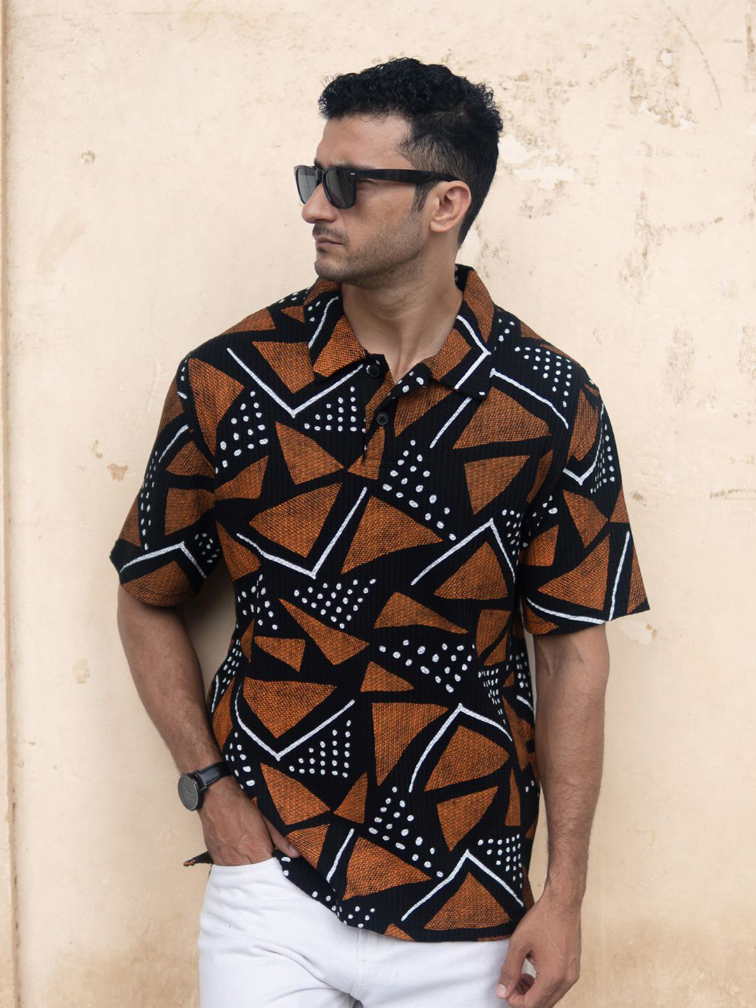 Powerlook Men Black Geometric Printed Polo Collar Drop-Shoulder Oversized Sleeves T-shirt