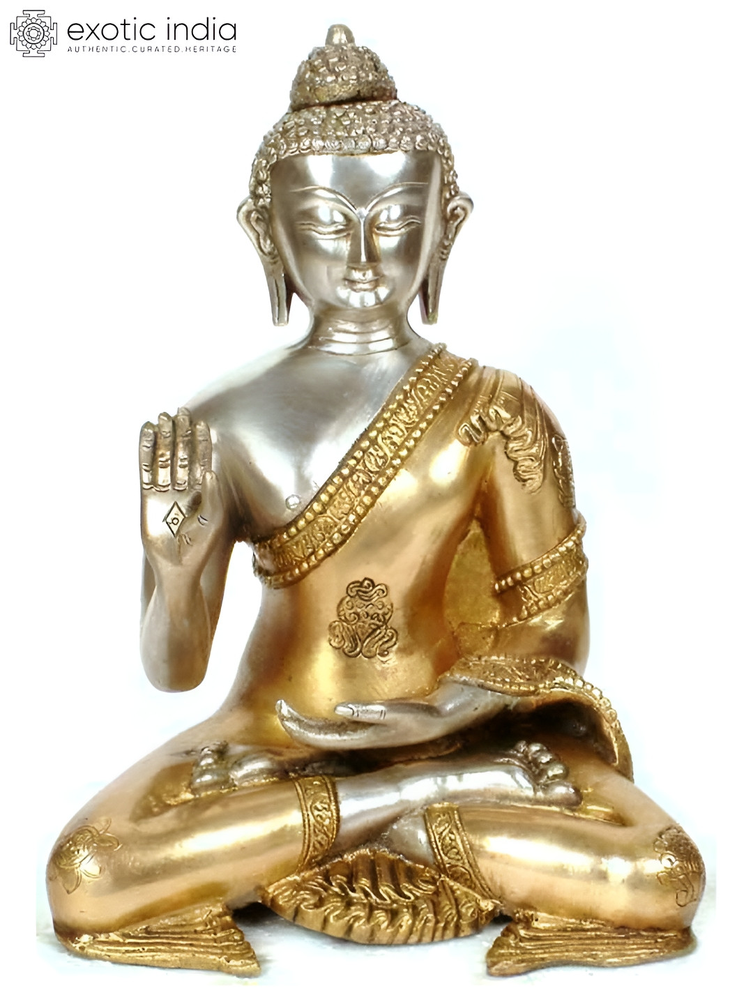 Exotic India Silver-Toned Buddha Idol In Abhaya & Dhyana Mudras Idol Showpiece