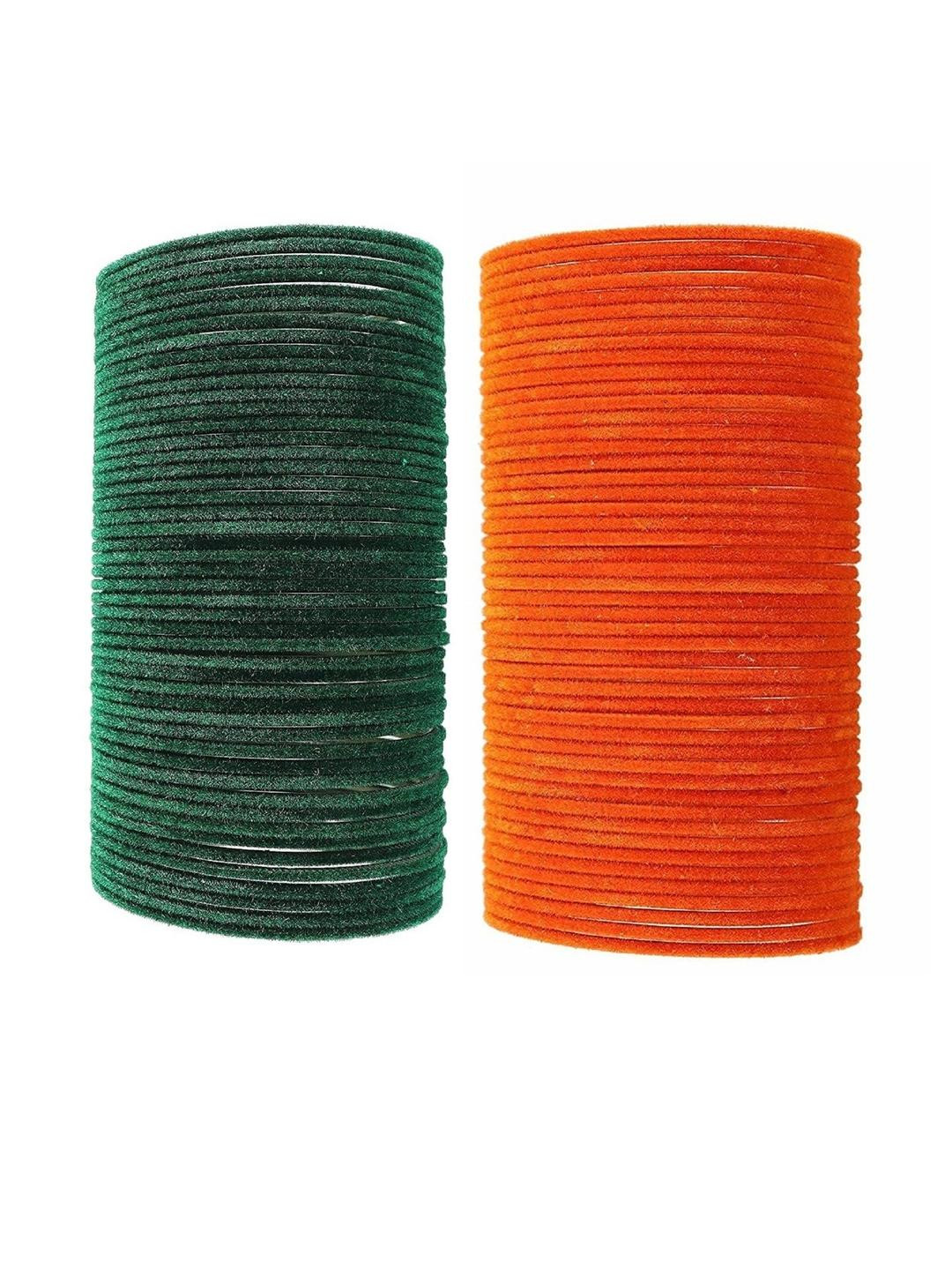 Guddan Set of 96 Green & Orange Metal Velvet Bangles