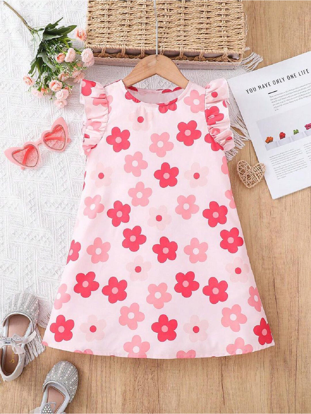 White World Girls Floral Printed Flutter Sleeve A-Line Dress