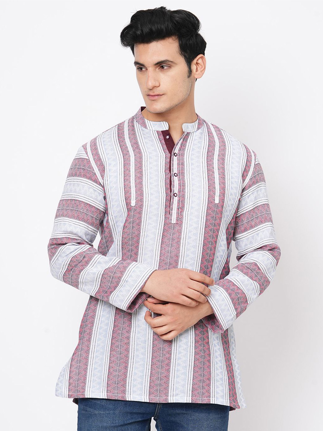 Arch element Striped Mandarin Collar Pure Cotton Short Kurta