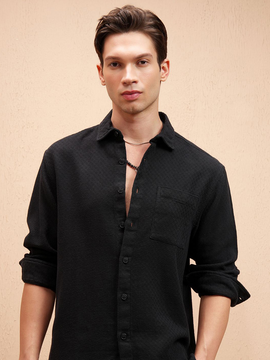 HIGHLANDER Self Design Cutaway Collar Casual Cotton Relaxed Fit Shirt
