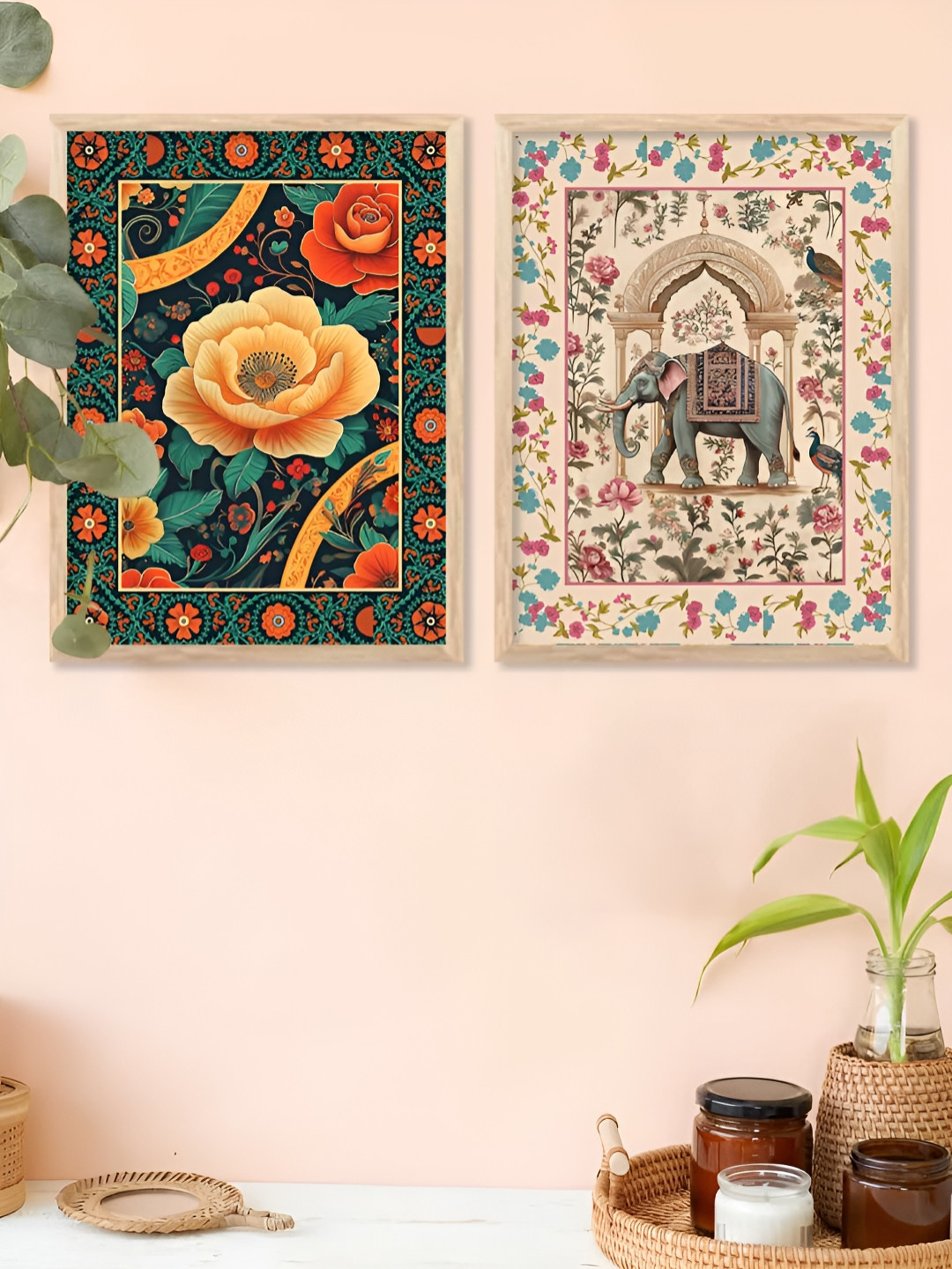 Kotart White & Gold-Toned 2 Pieces Floral Wooden Painting Wall Art
