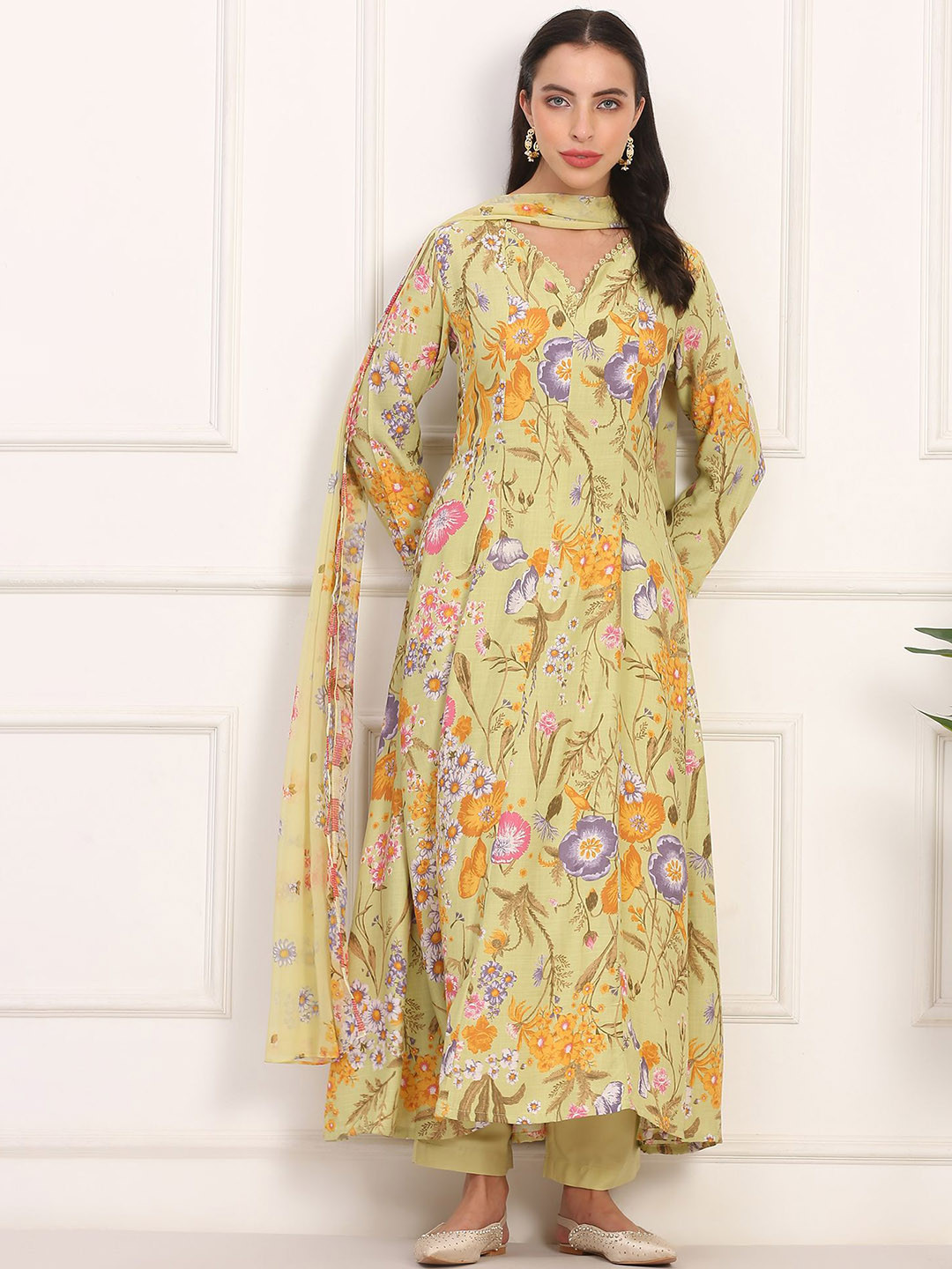 W Women Floral Printed V-Neck Anarkali Kurta With Trousers & Dupatta