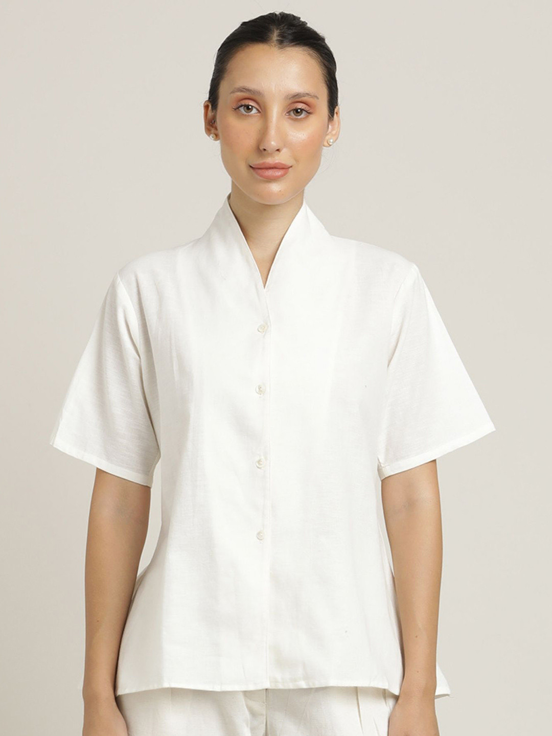 Saltpetre Women Cream Relaxed Fit wrap collar top