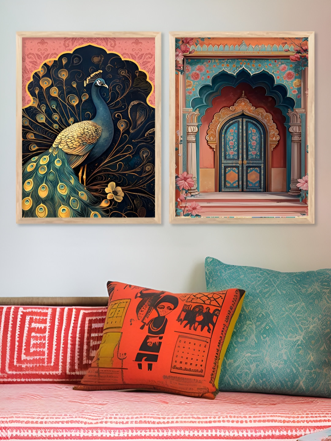 Kotart Brown & Blue 2 Pieces Peacock Printed Wooden Wall Arts