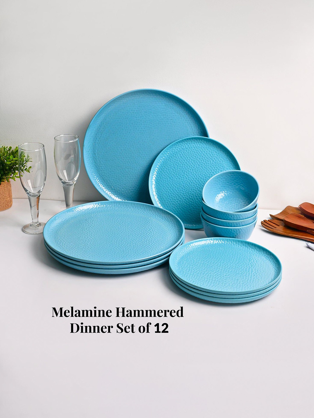MARKET99 Turquoise Blue Hammered Melamine Easy to Clean 12-Piece Dinner Set