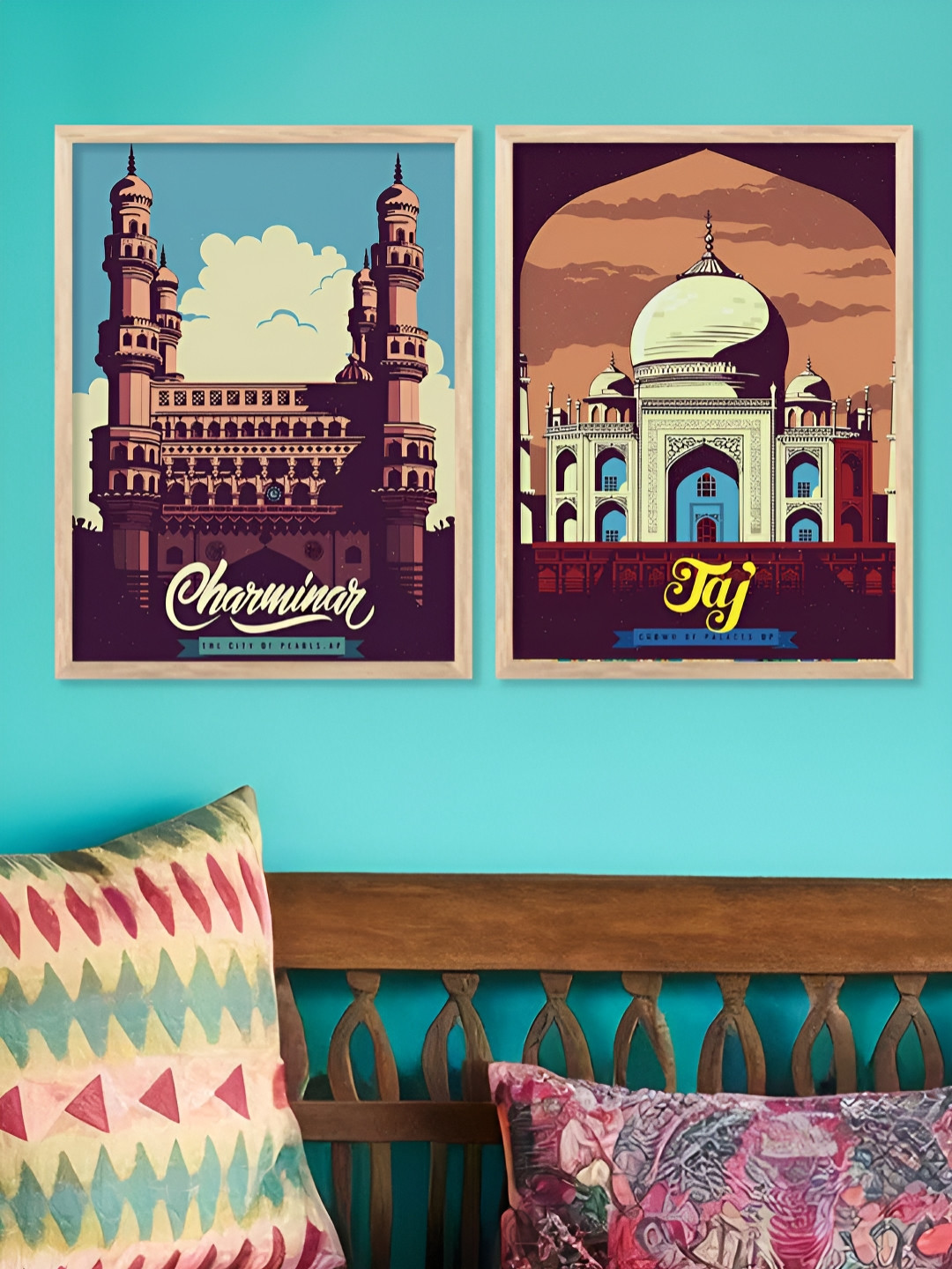 Kotart Blue & Brown 2 Pieces Taj Mahal Chariminar Printed Wooden Wall Arts