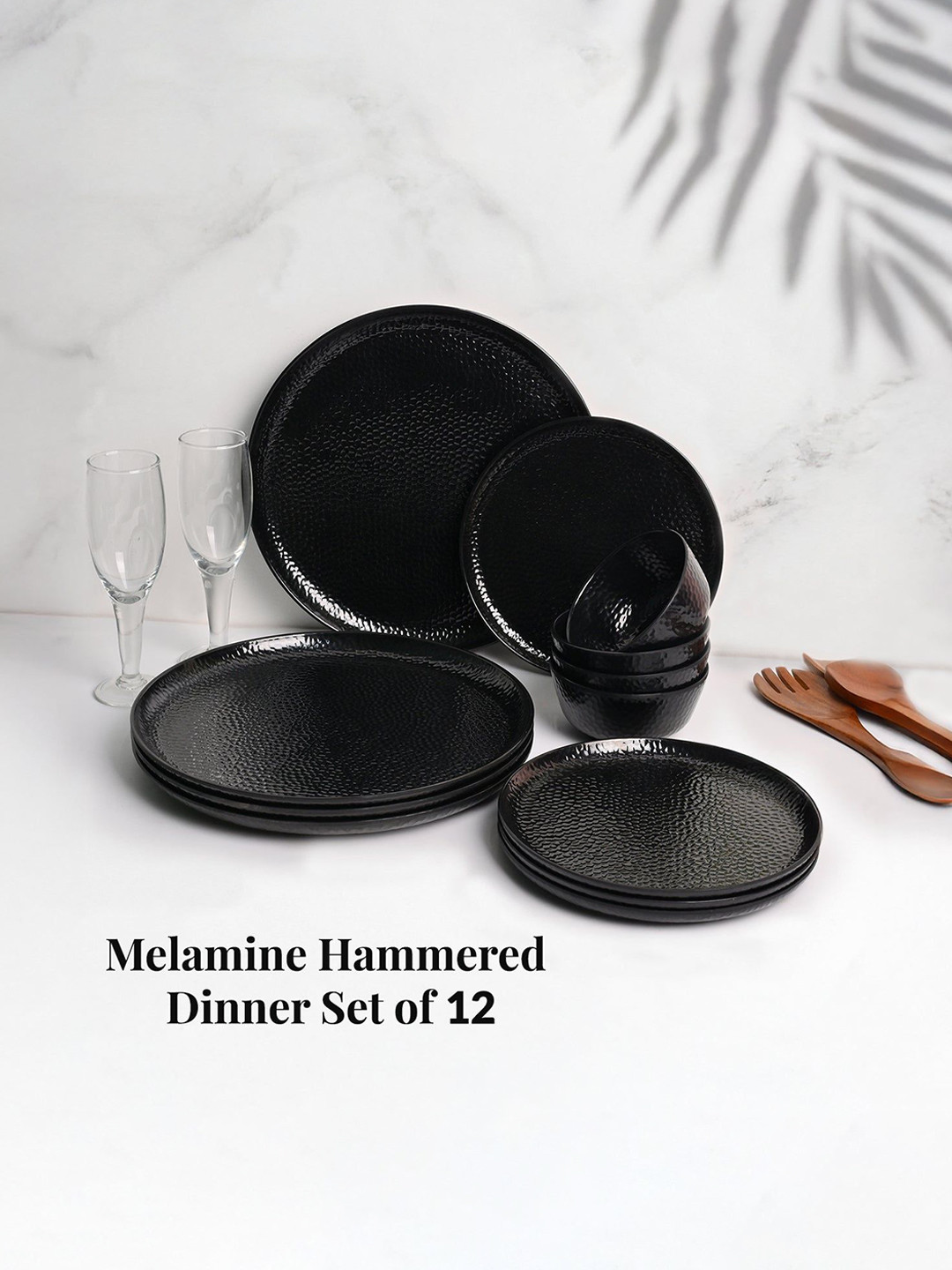 MARKET99 Black Hammered Melamine 12-Piece Dinner Set