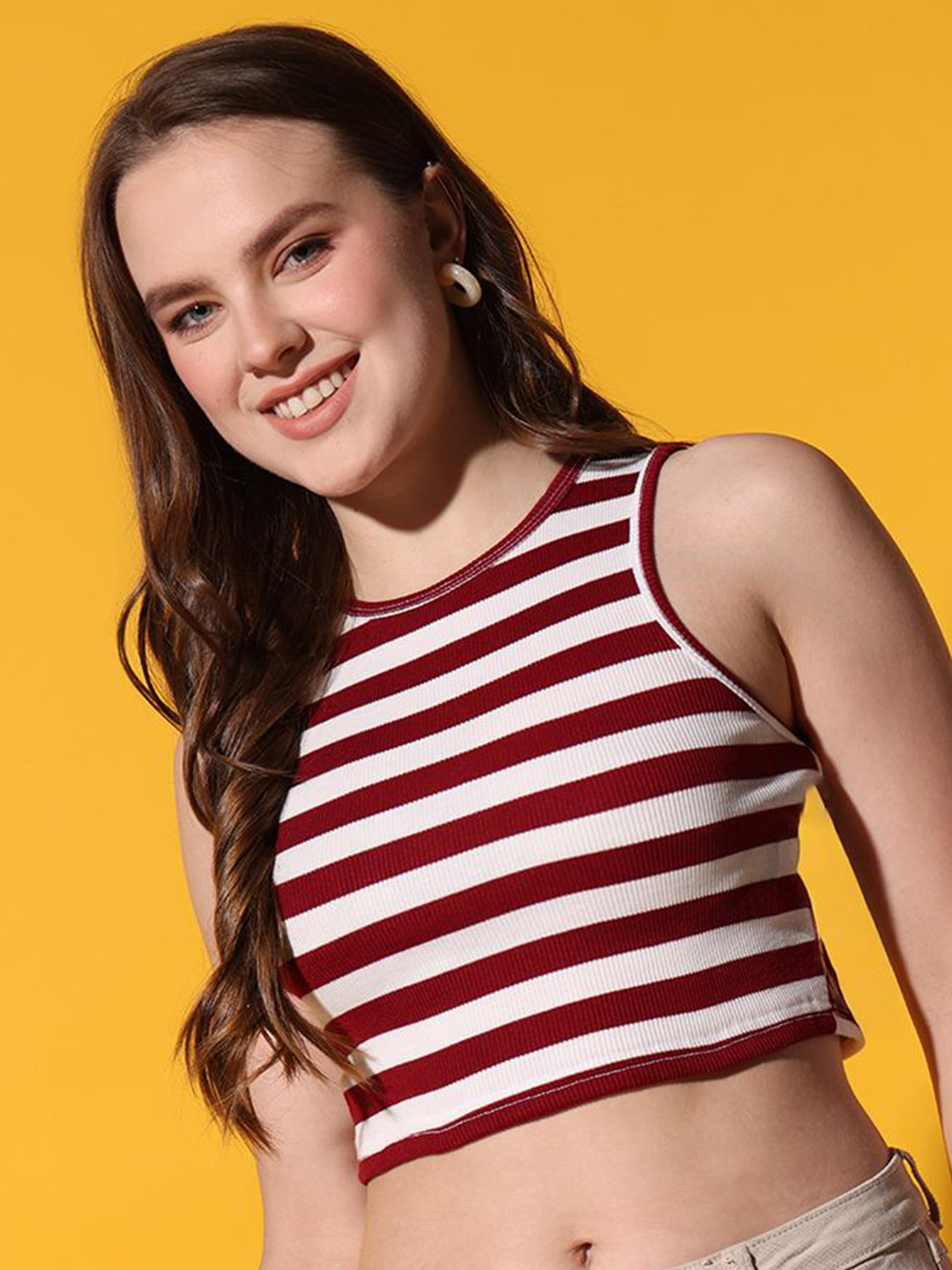 Istyle Can Women Striped Rib Knit Crop Tank Top