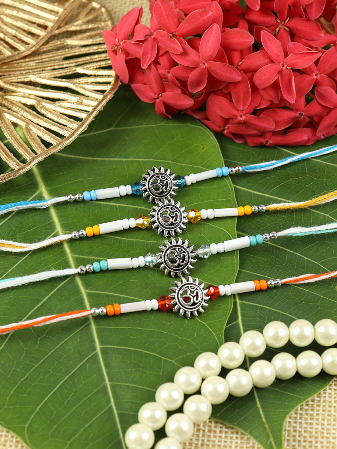 Asthetika Set Of 4 Om Oxidized Stones Studded And Beaded Thread Rakhis With Roli Chawal