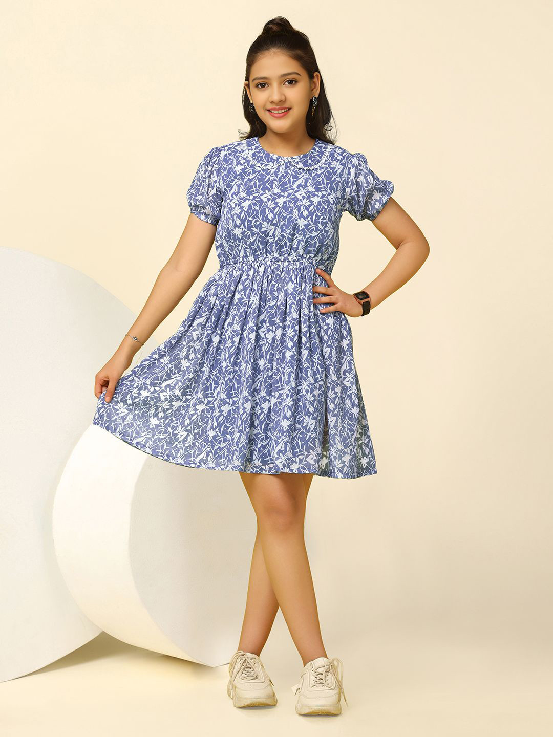 FASHION DREAM Girls Floral Printed Peter Pan Collar Chiffon Fit & Flare Dress