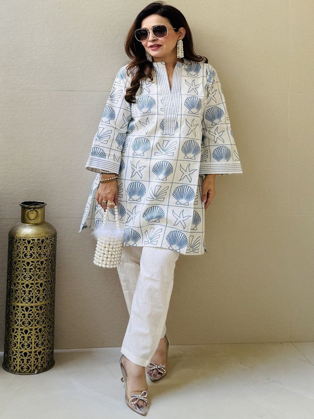 FFI Sea-Inspired Printed Mandarin Collar Pure Cotton Kurta With Trousers