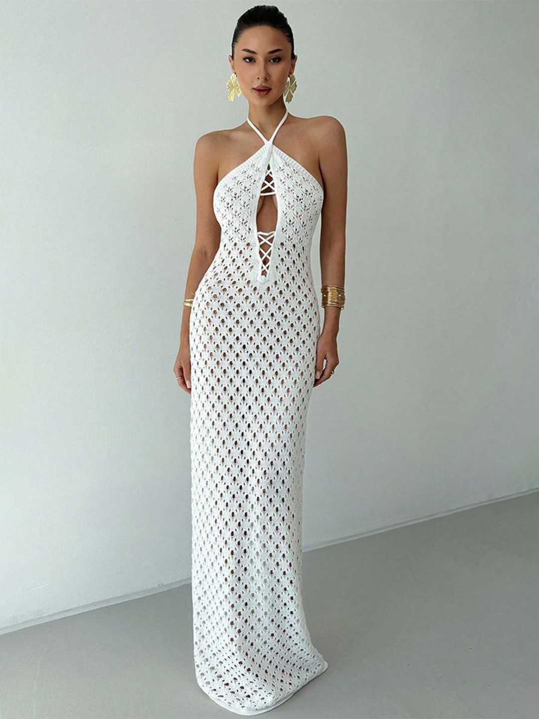 LULU & SKY Women  Lace-up Halter Neck Maxi Dress