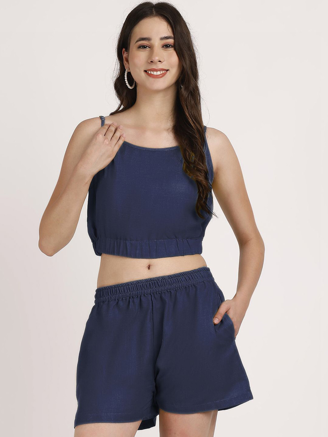 Aoba Women Blue Linen Solid Co-ord Set