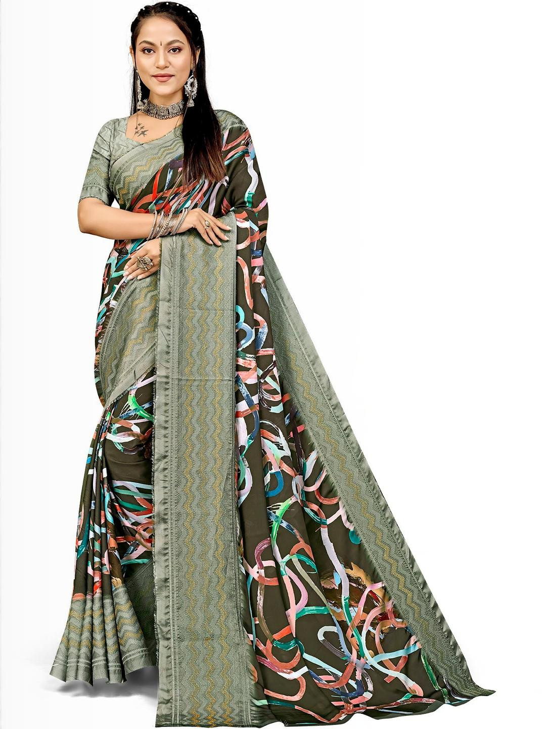 PARVOTSAV Brown Polyester Saree