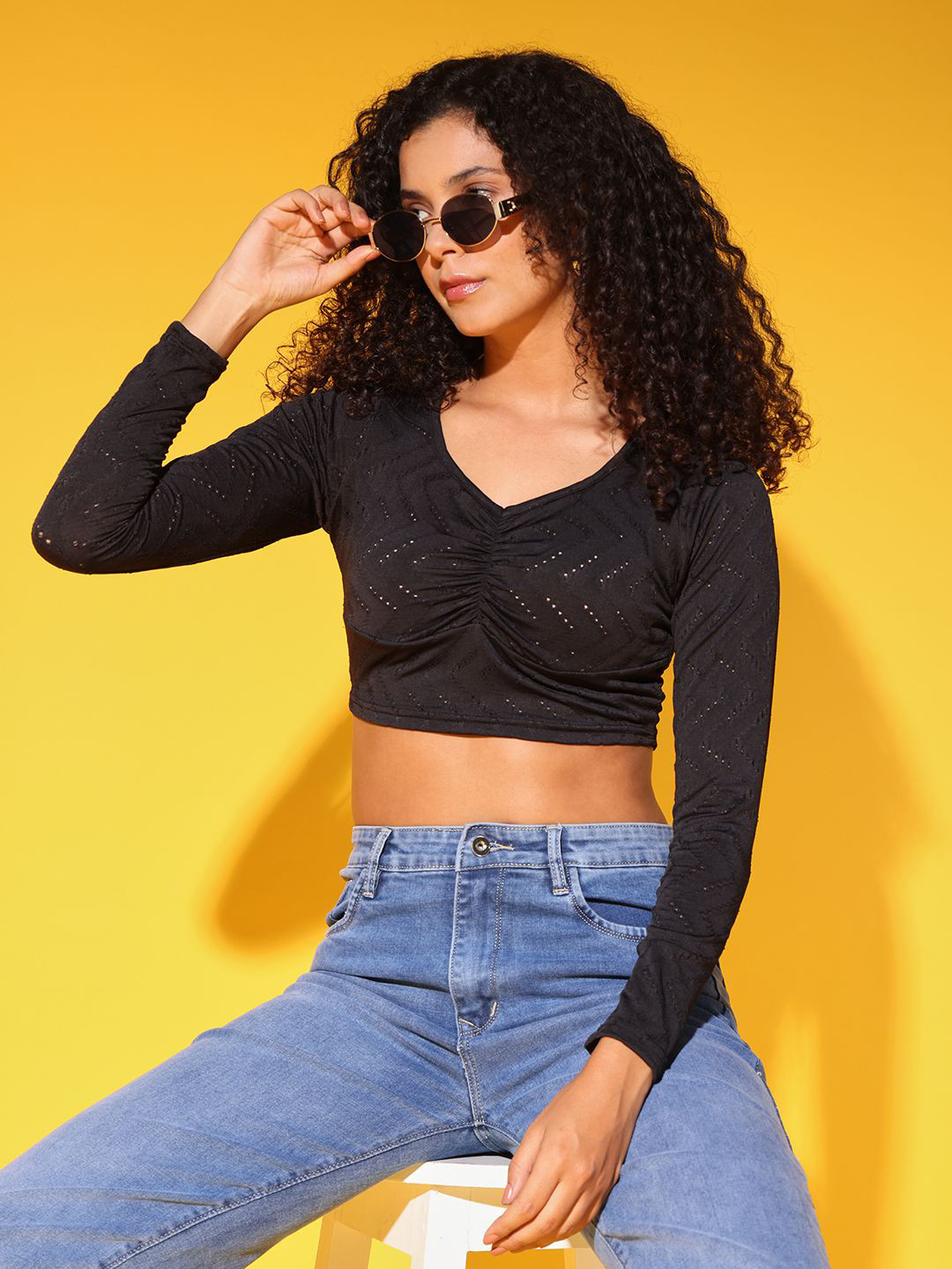 Istyle Can Women Self Design Gathered Long Sleeve Breathable Slim Fit Crop Top