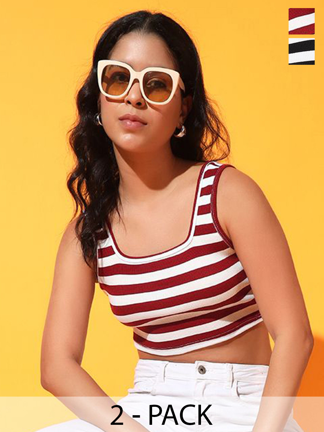 Istyle Can Women Pack Of 2 Striped Sleeveless Square Neck Rib Knit Crop Tank Top