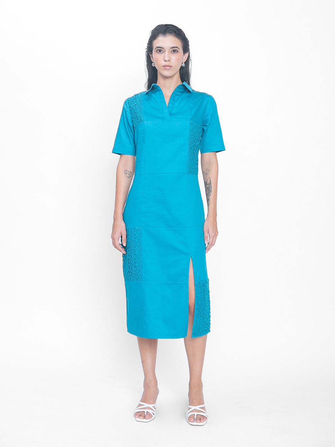 Contemponari Women Self Design Short Sleeve Shirt Midi Dress