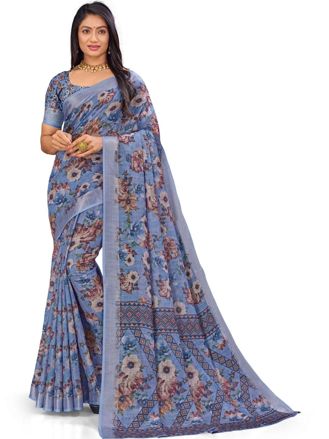 PARVOTSAV Blue Linen Blend Saree