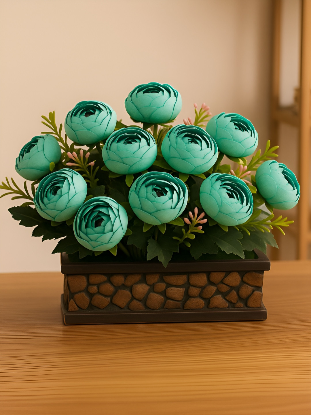 ARTSY Green & Brown Peony Artificial Flower With Pot