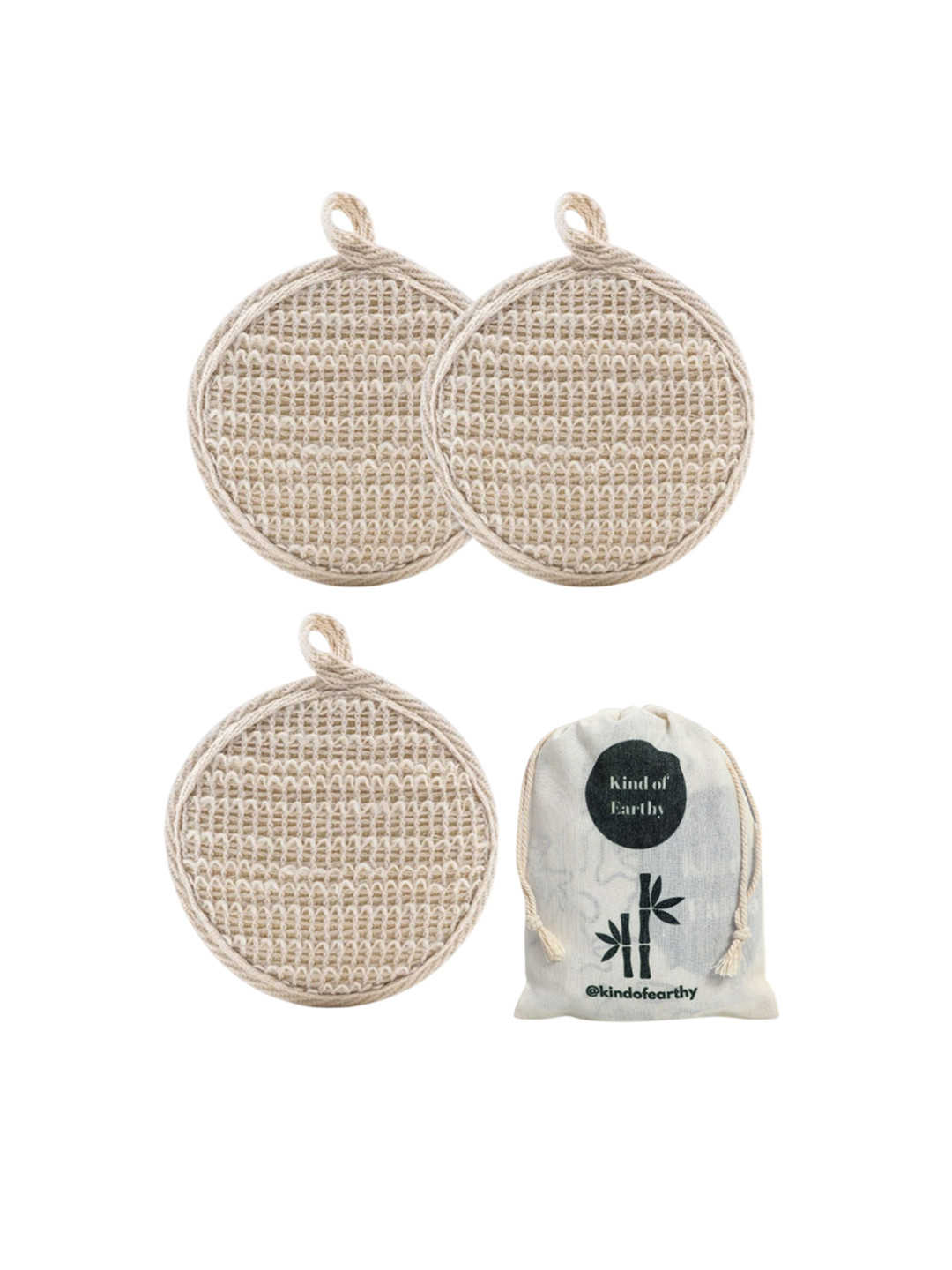 Kind of Earthy Set Of 3 Ramie Plant Bath Loofah With Reusable Potli Pouch
