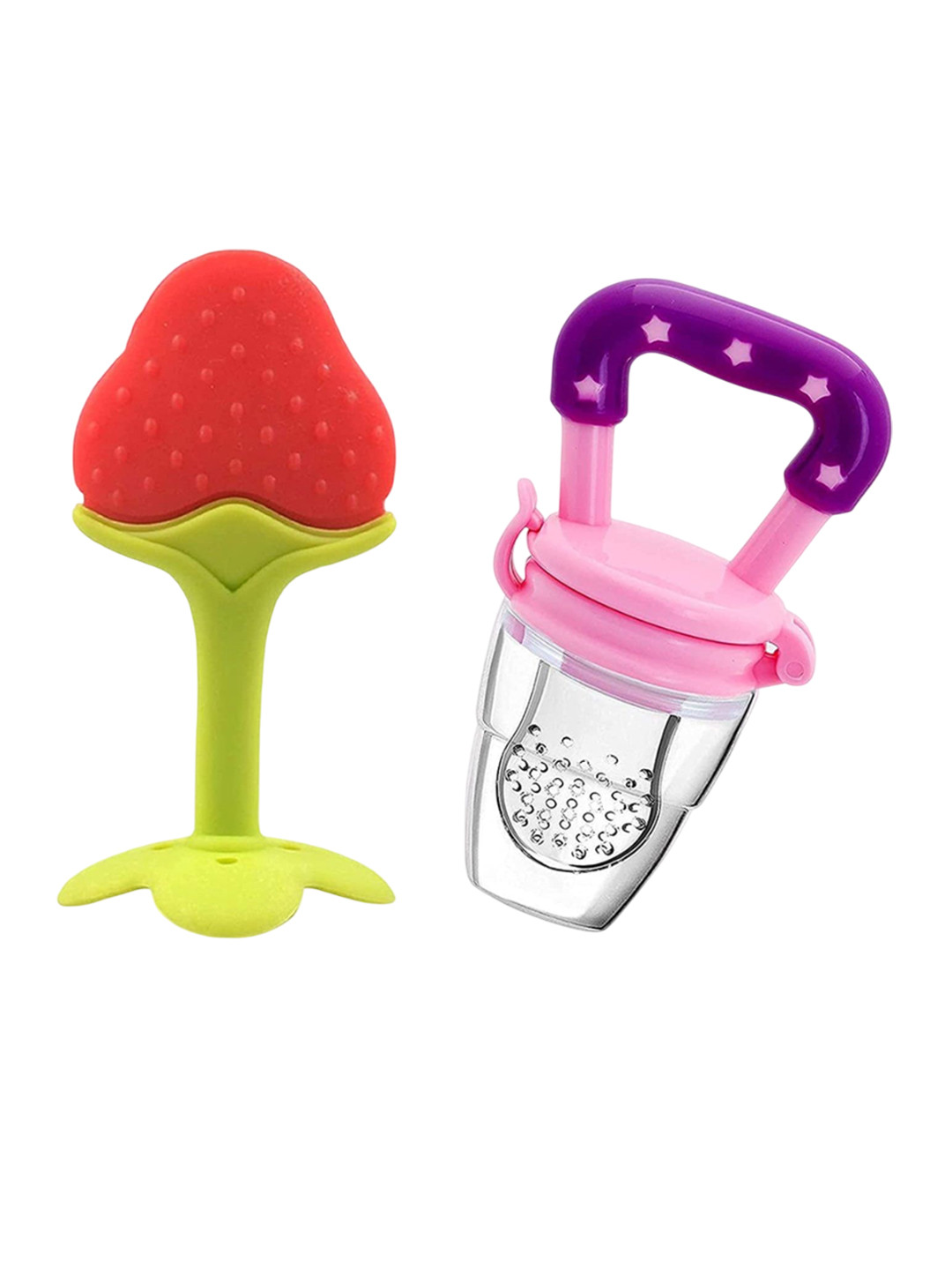 Joy Buzz Set Of 2 Baby Silicone Fruit Teether & Fruit Feeder- Red & Purple