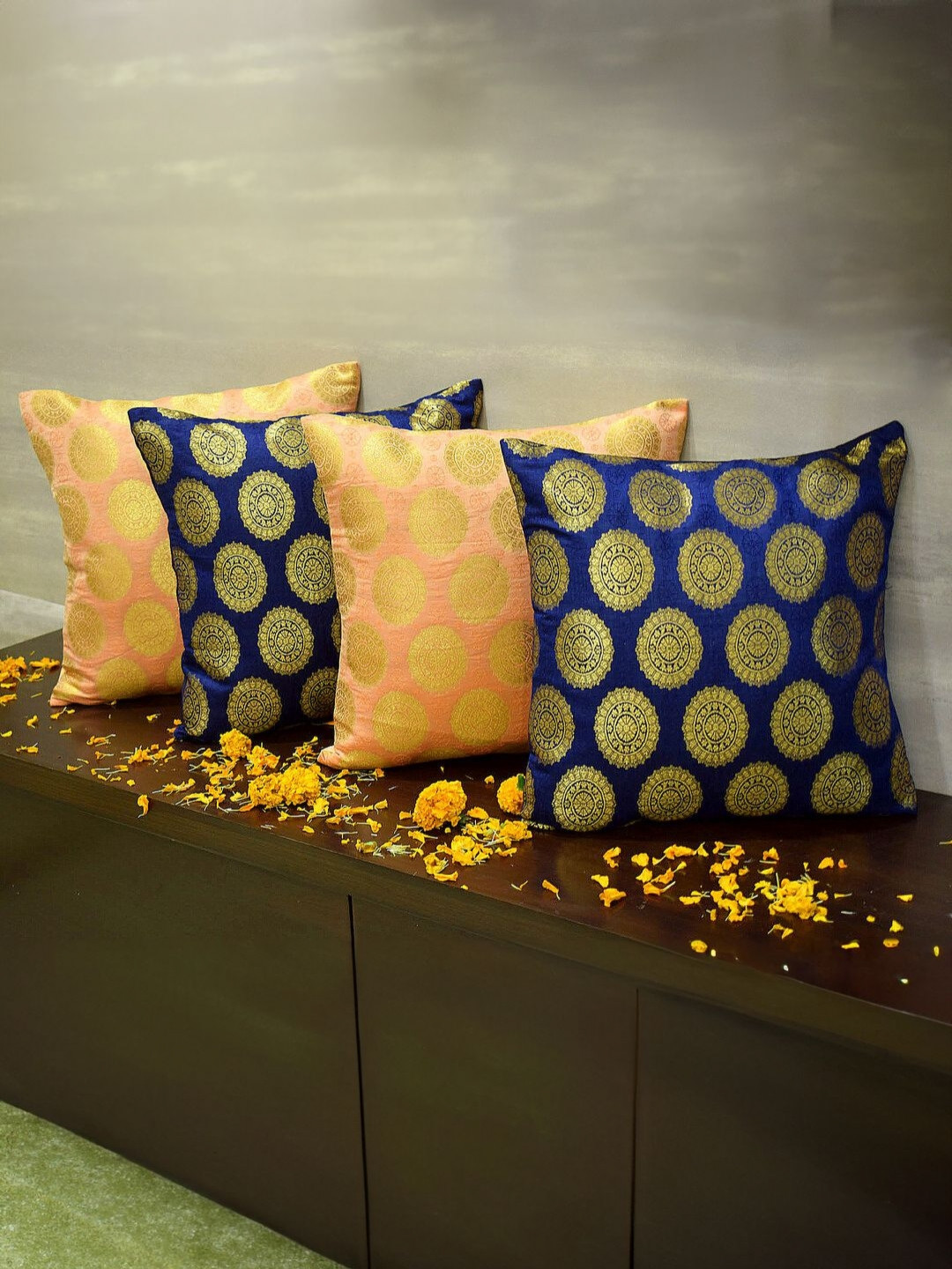 RoyalDeco Mandala Coral & Blue 4 Pieces Ethnic Motifs Brocade Silk Square Cushion Covers