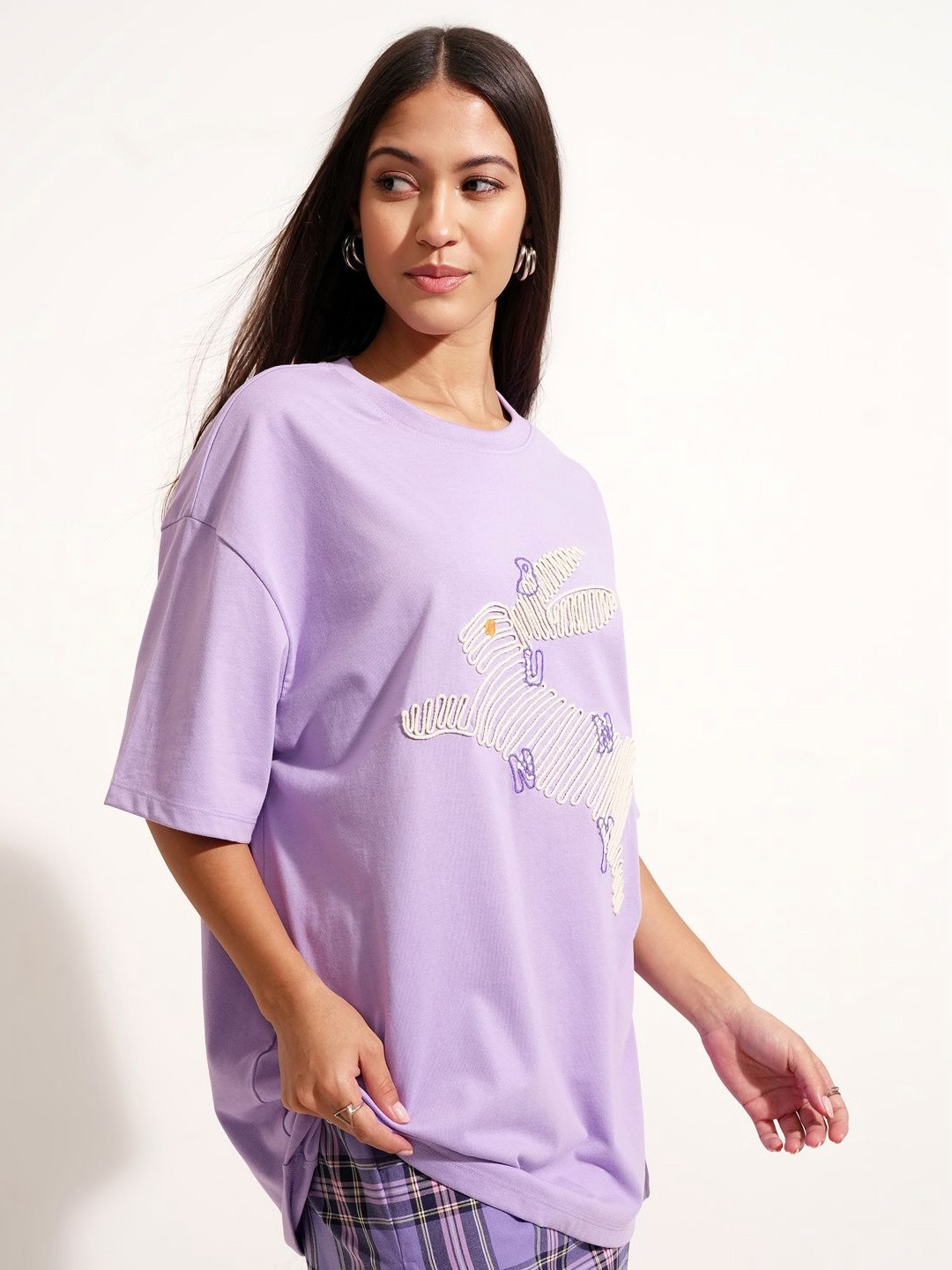 Street By Tokyo Talkies Rabbit Embroidered Drop-Shoulder Sleeves Oversized T-shirt