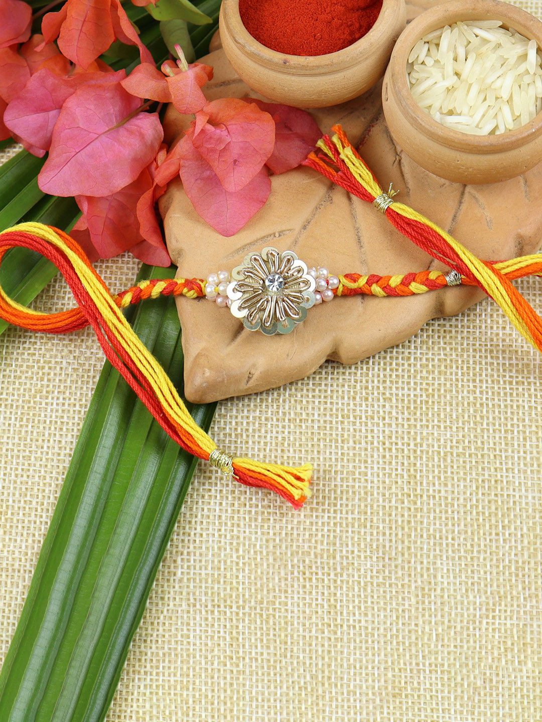 Asthetika Artificial Beaded Zardozi Floral Thread Rakhi with Roli Chawal