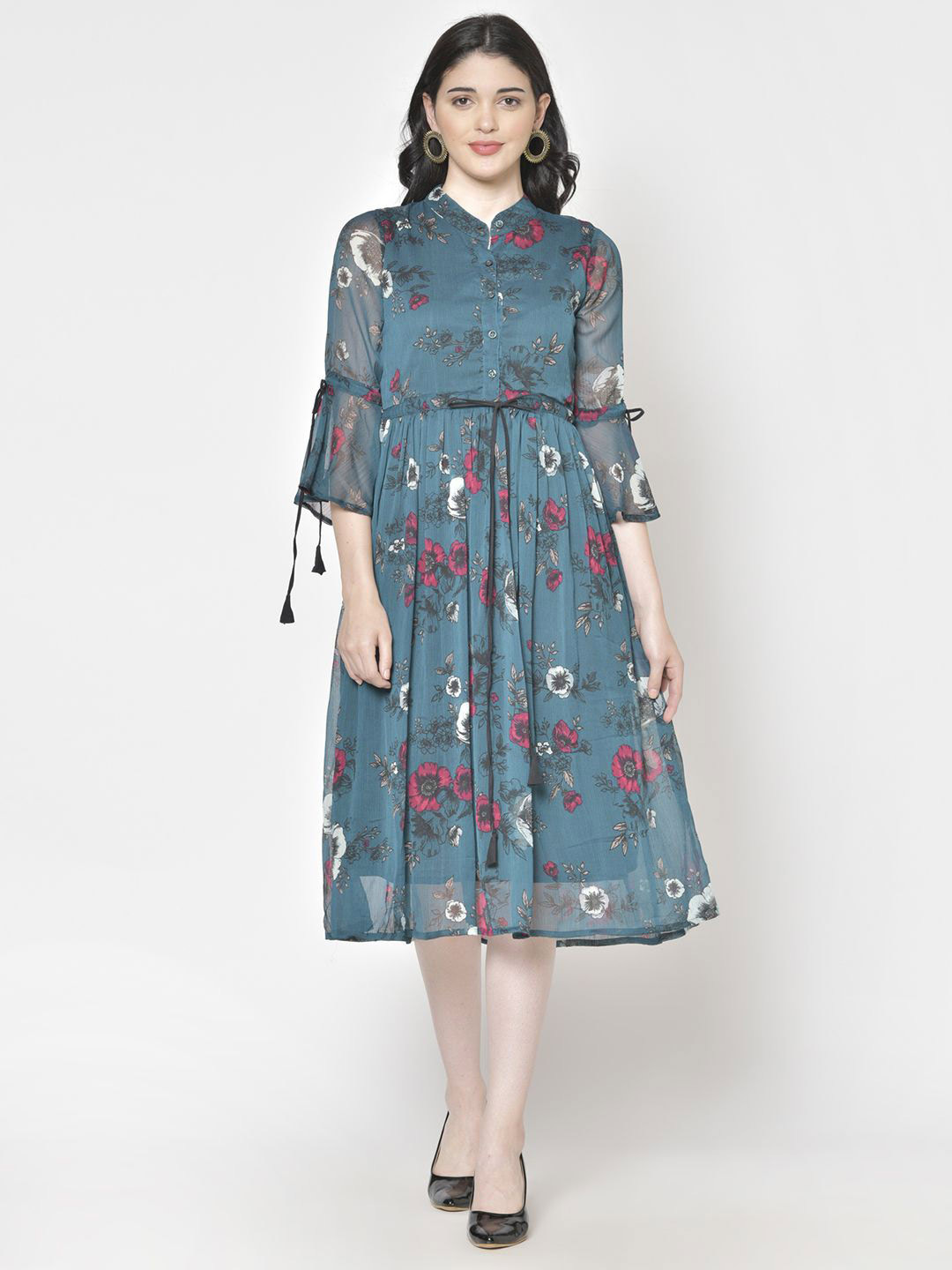 MINOS Floral Print Bell Sleeve Mandairan Coller Chiffon Fit & Flare Midi Dress