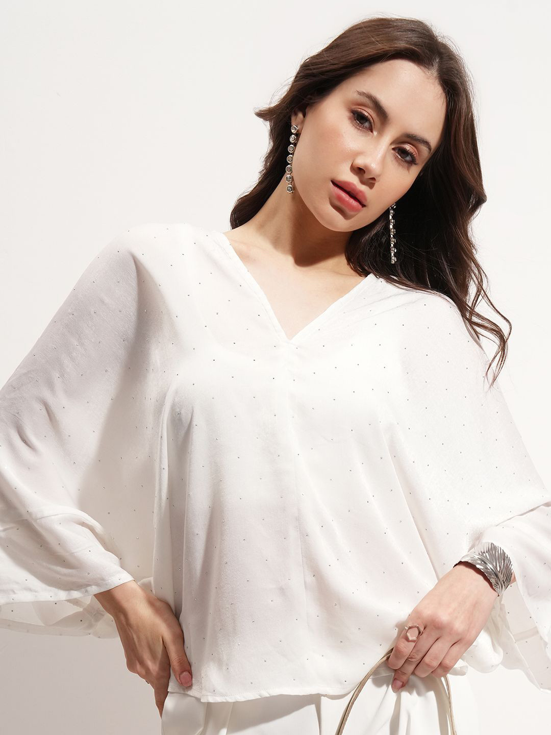 ESPYR By Tokyo Talkies Women Embellished V-Neck Flared Sleeves Top