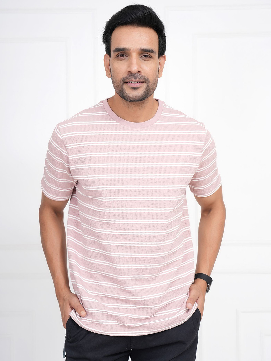 ARBOUR Striped Round Neck Short Sleeves Pure Cotton T-shirt