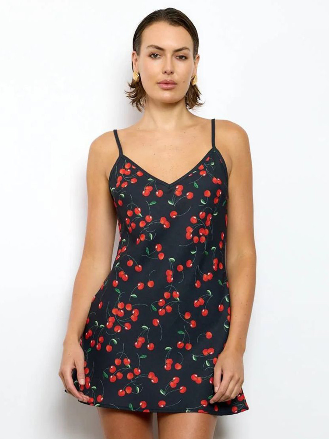 LULU & SKY Women Cherry Print Spaghetti Strap Mini Dress